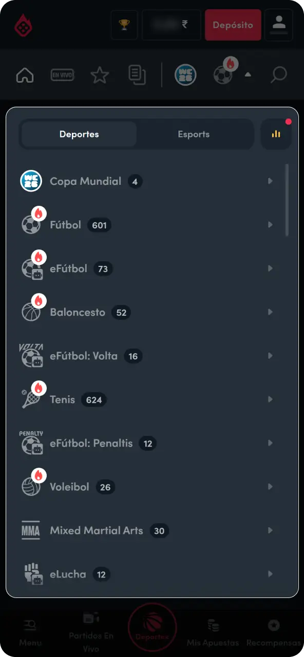 Explora el menú principal y busca la disciplina o el partido de tu interés.