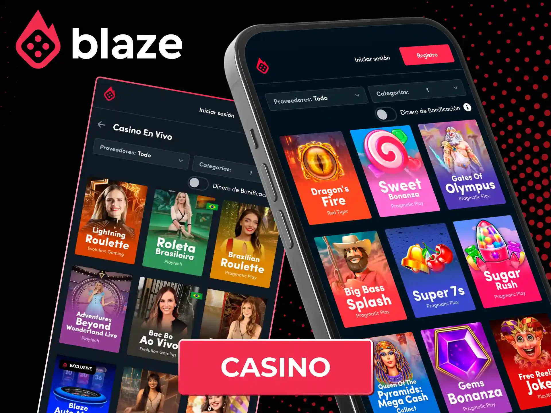 Juega a las mejores tragamonedas y mesas en vivo dentro del casino en la app de Blaze.