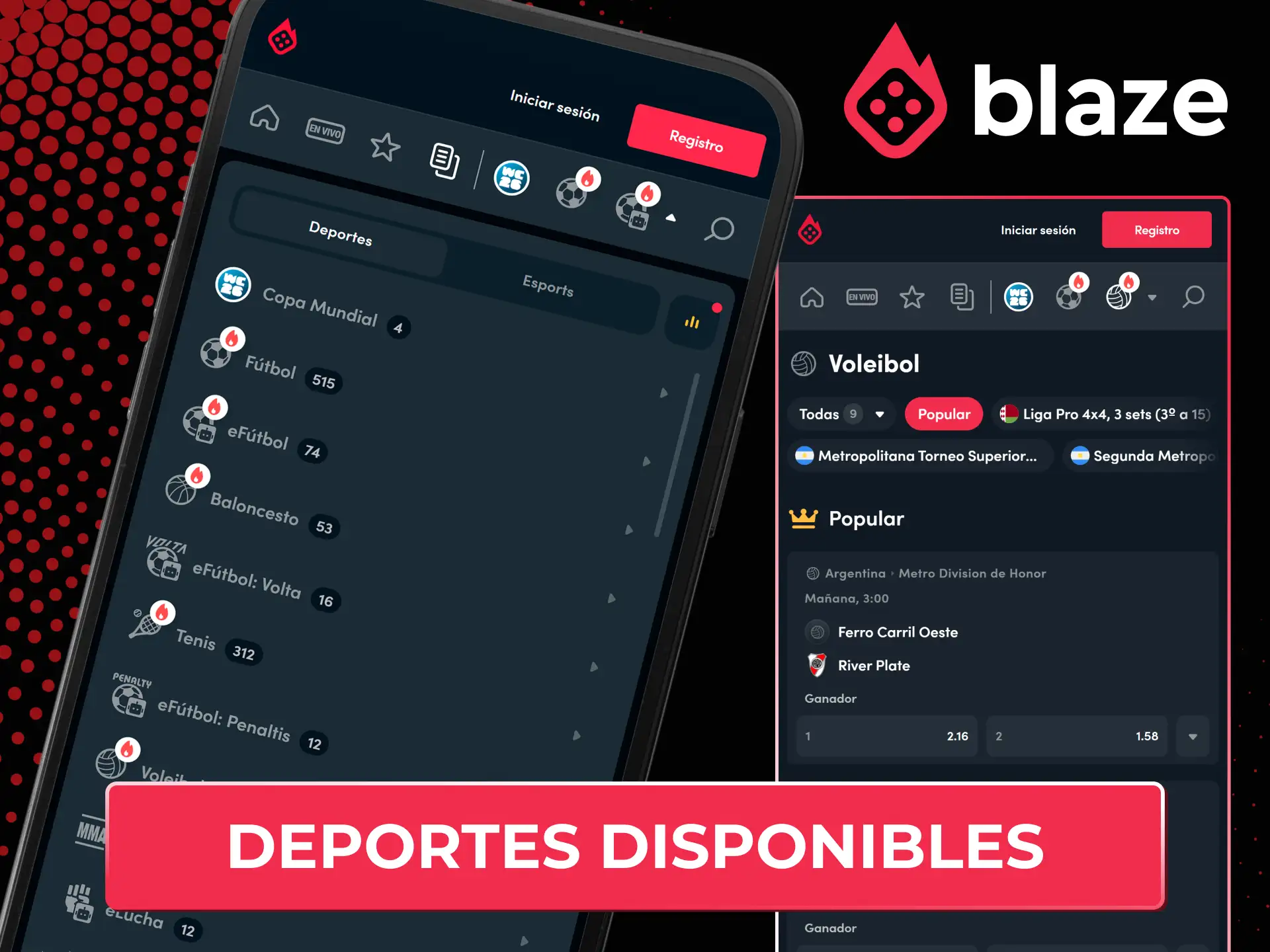 Apuesta en una gran variedad de deportes disponibles en la app de Blaze desde tu teléfono celular.
