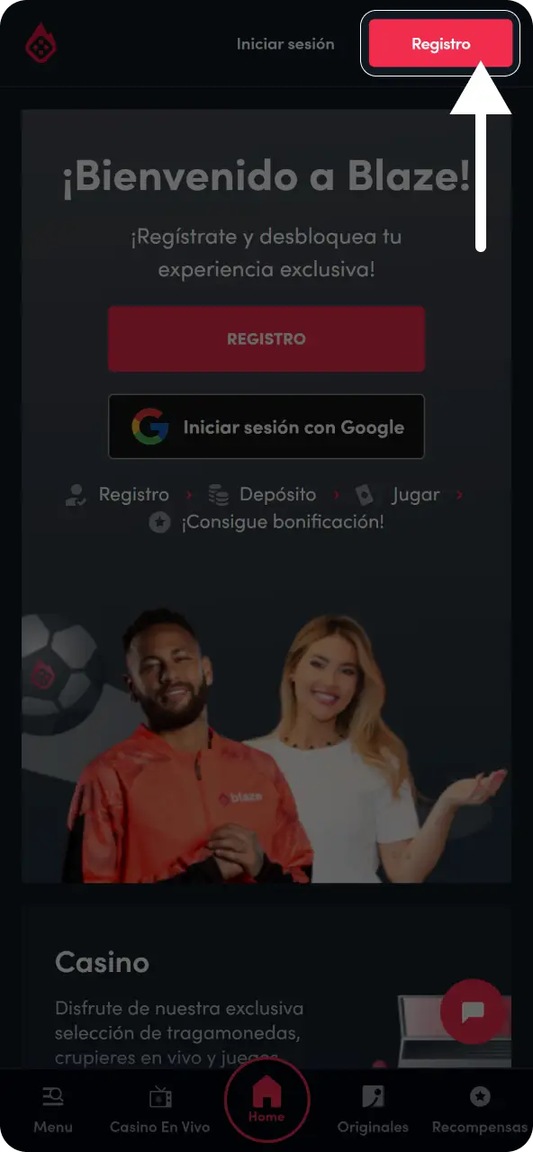 Presiona el botón de registro y selecciona la vía de creación de cuenta que prefieras.