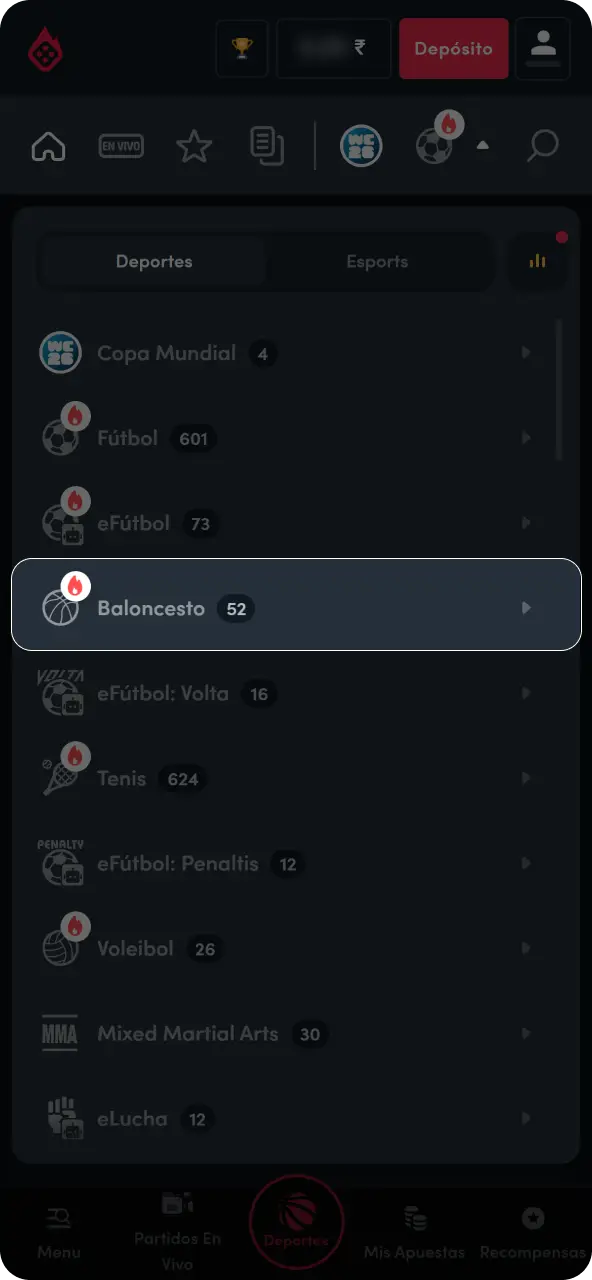 Explora la categoría de deportes en el menú principal y filtra los eventos disponibles seleccionando la disciplina de baloncesto.