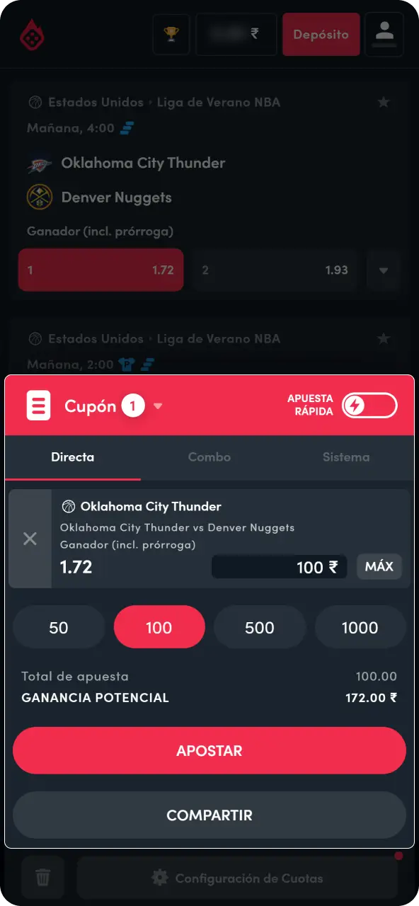 Selecciona el encuentro de la NBA o liga de tu interés, escoge tu mercado preferido, ingresa el monto y valida tu boleto.