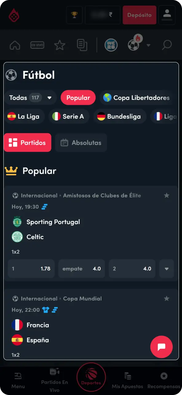 Explora la sección de deportes para buscar la competición de balompié y el encuentro en el que deseas pronosticar.