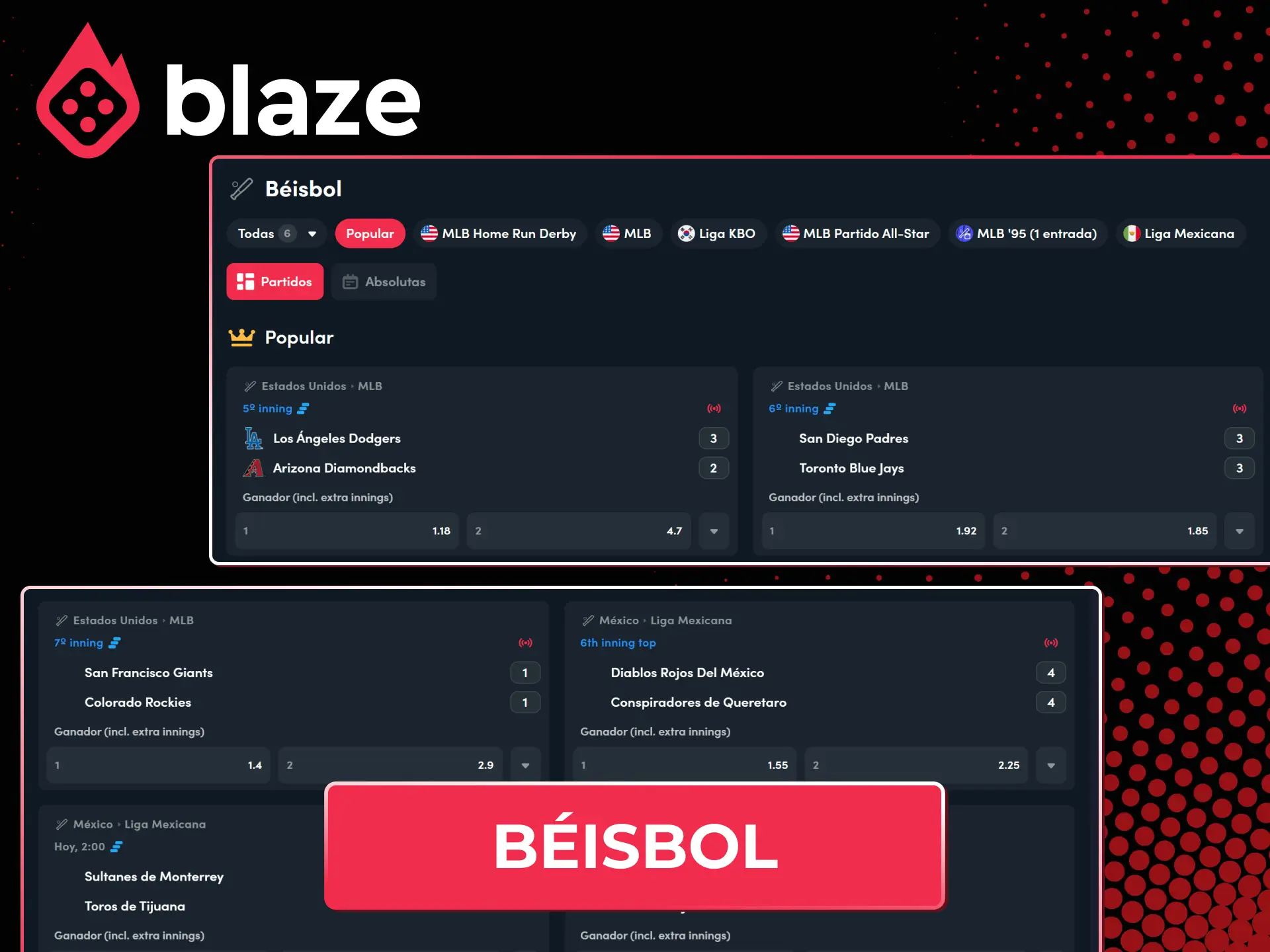 Disfruta de las apuestas deportivas en béisbol con excelentes mercados en Blaze.