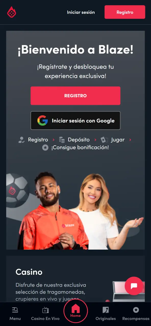 Explora la interfaz de la página principal del sitio web oficial Blaze Chile para comenzar a jugar.