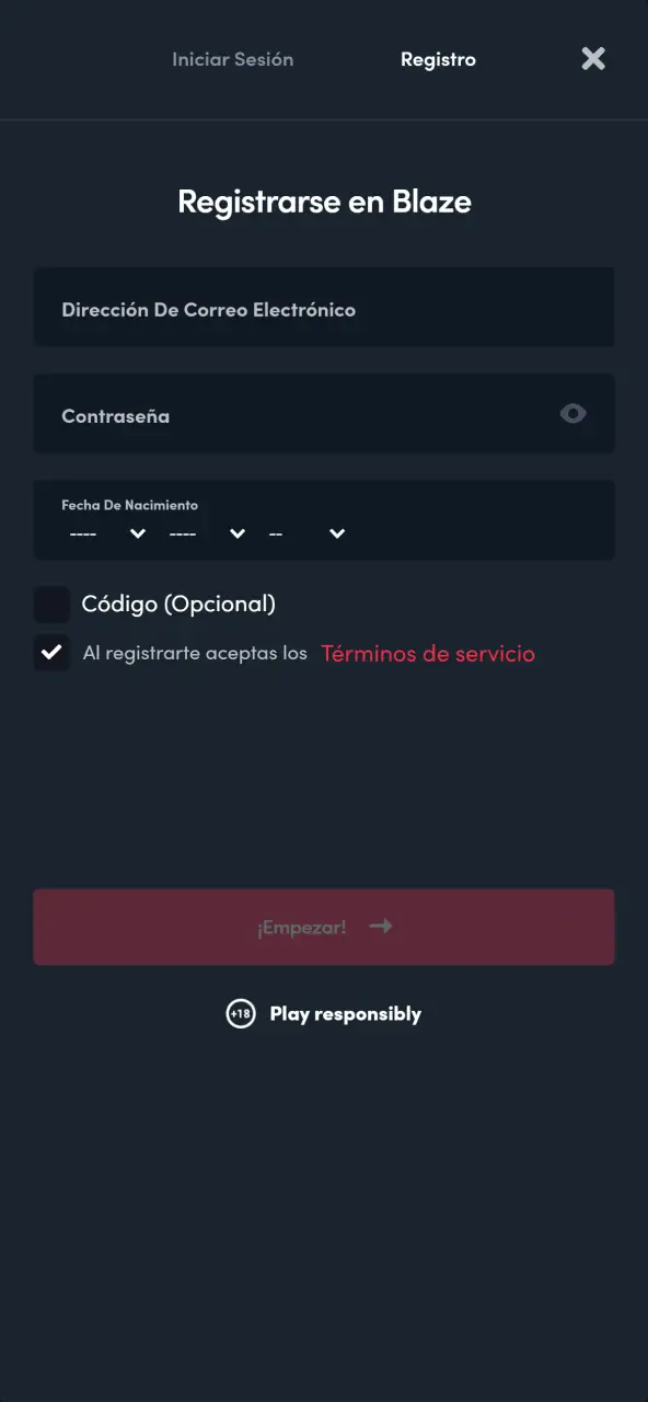 Crea una cuenta nueva en la plataforma Blaze Chile e inicia tu sesión en el sitio.
