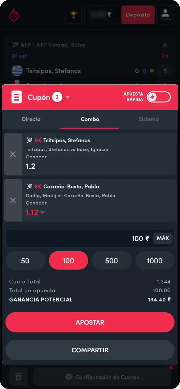 Define la cantidad de dinero que vas a poner en juego, revisa la cuota y valida tu jugada para finalizar.