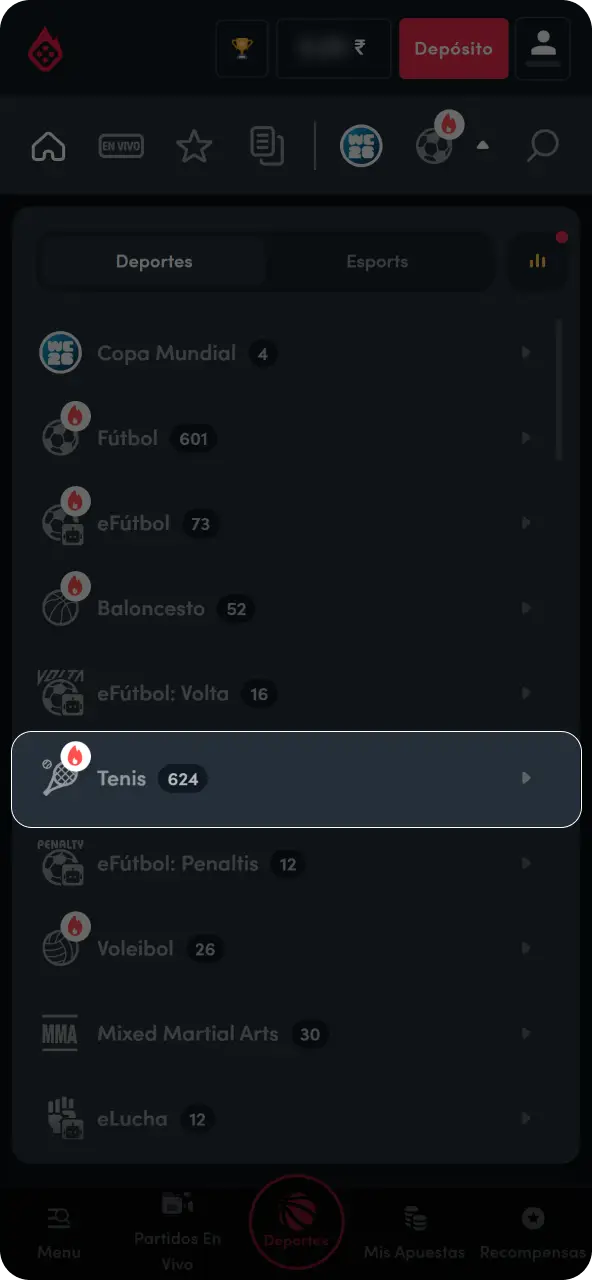 Dirígete al menú principal y haz clic en la categoría de deportes para desplegar las disciplinas disponibles.